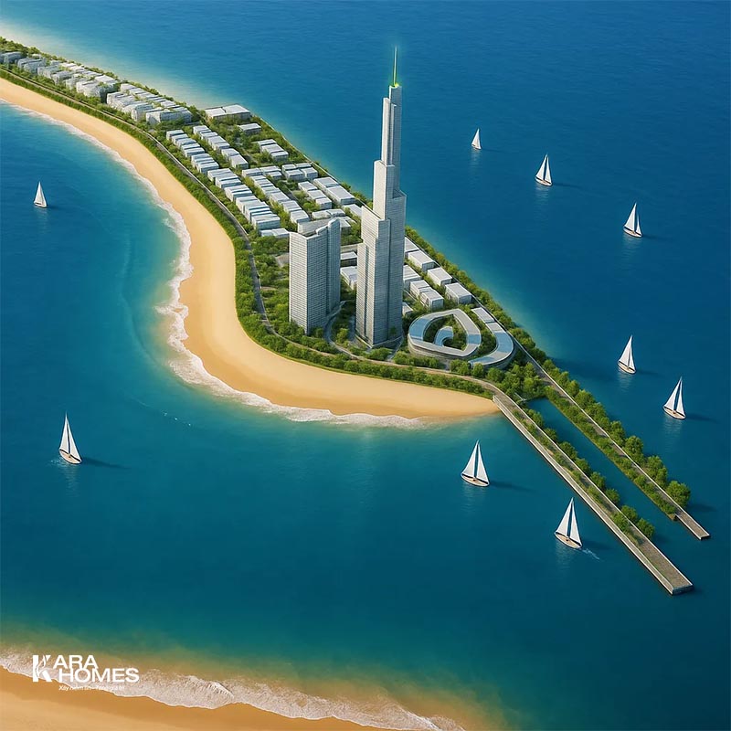 Tháp biểu tượng Landmark Harbour 108 tầng và bến du thuyền tại siêu đô thị biển Cần Giờ